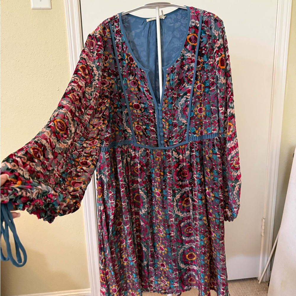 Anthropologie Crushed Velvet Floral Long Sleeve Dress